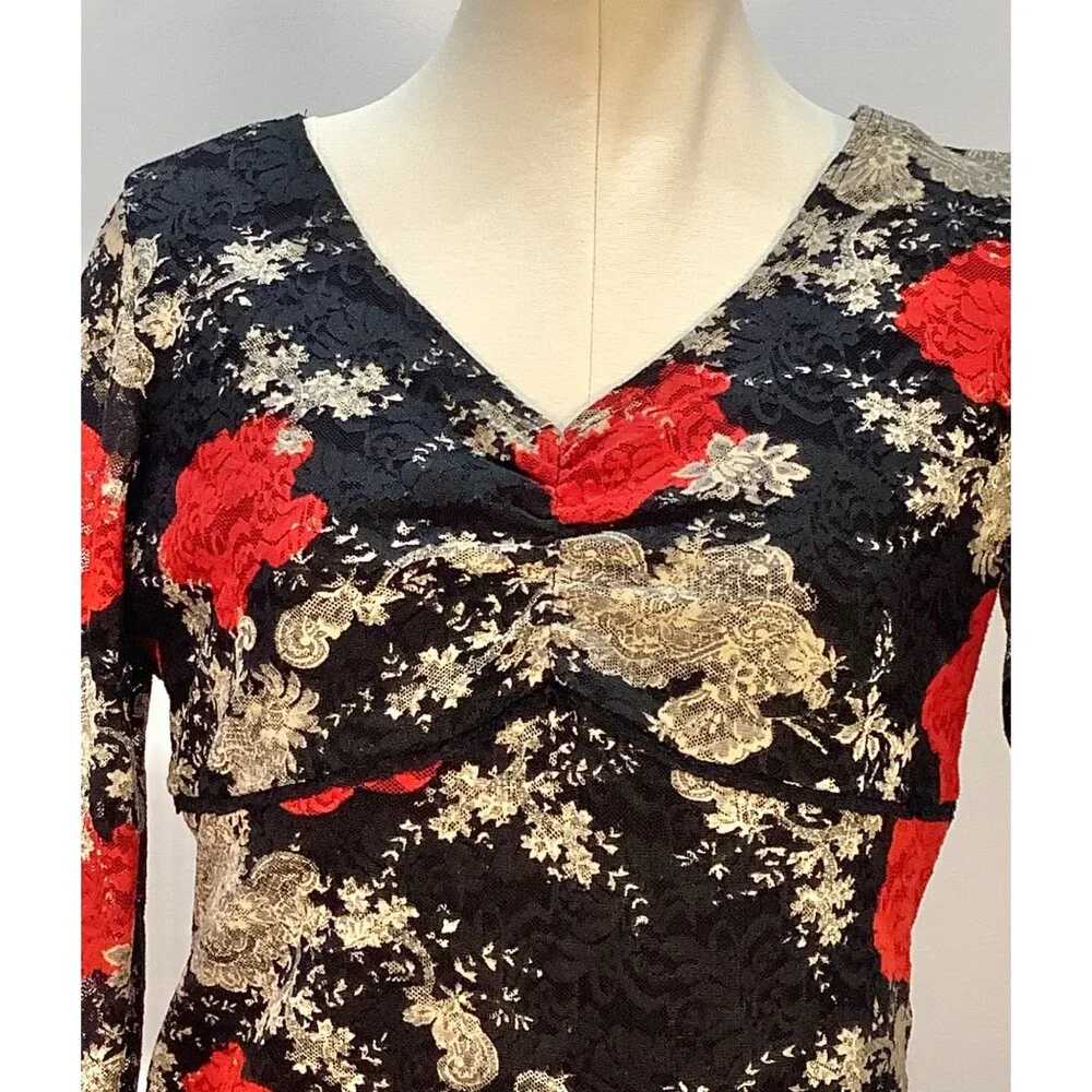 Y2K Babydoll Top Womens M (est) Black Red Rose Lace Sheer Fairy Whimsy Goth - Picture 4 of 7